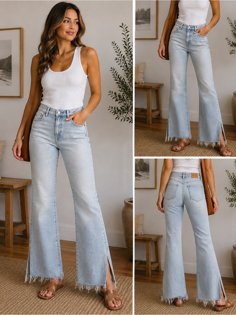 Hidden Jeans Size 27 Light Wash High Rise Flare Raw Hem Side Slit Jeans